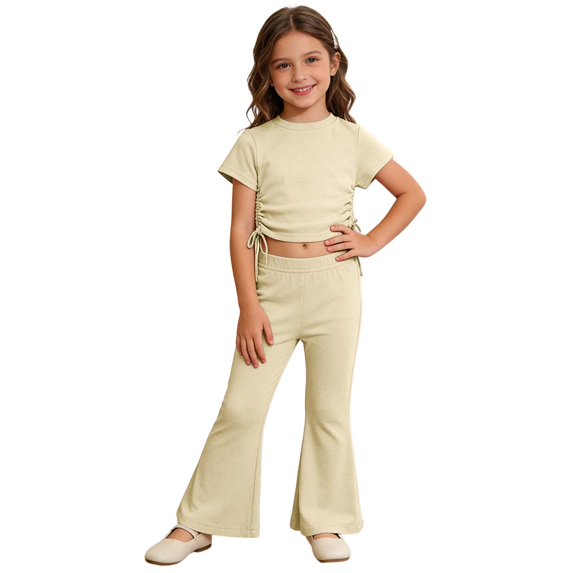 Kids Toddler Girls Summer Clothing 2pcs Sets Yellow Drawstring Short Sleeve T-Shirts and Flared Pants for 9-10 Years