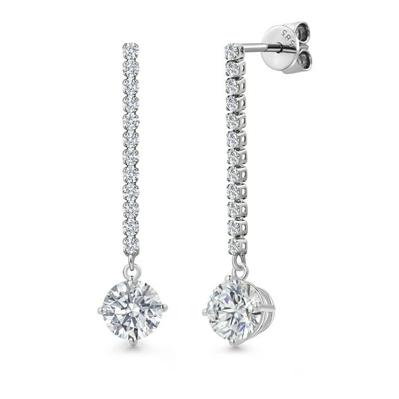 Gem Stone King 1.84 Cttw 14K White Gold White Lab Grown Diamond Long Liner Dangle Earrings for Women | Round 6MM | White Gold Chain Drop Earrings | DEF Color | VVS-VS Clarity