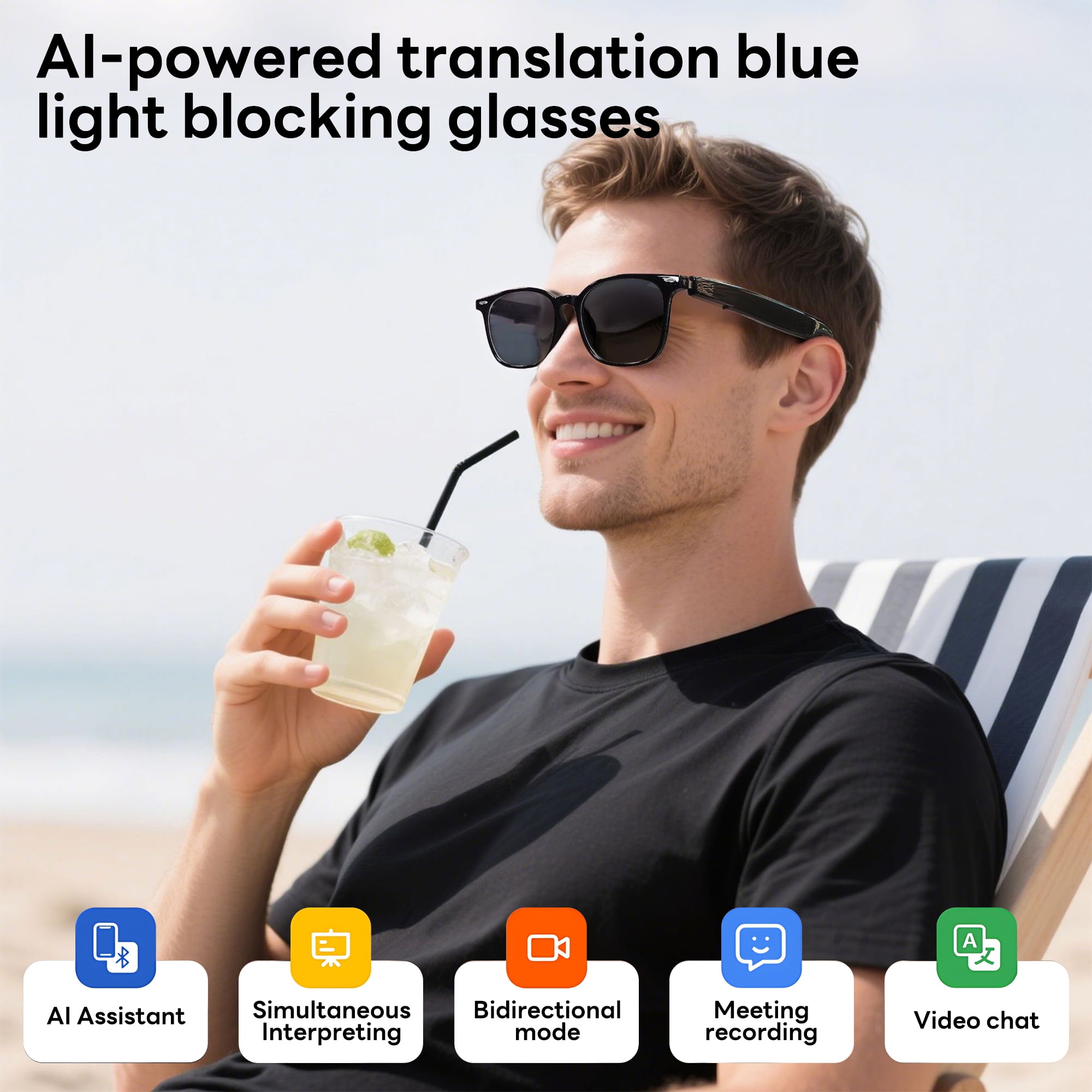 Pecham AI Translation Smart Glasses, Bluetooth Audio Sunglasses with Voice Assistant, Real-Time Translation, Multifunctional Smart Glasses for Men Woman - Black
