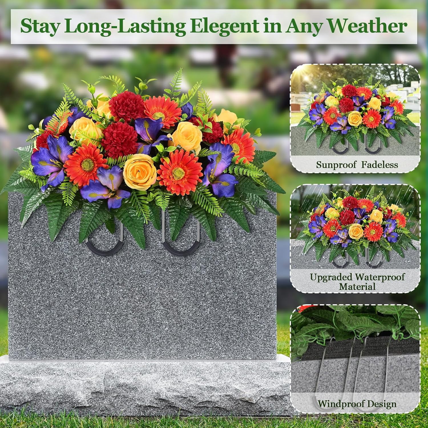 3 Sets Artificial Cemetery Flowers for Grave, Realistic Headstone Flower ,  Memorial Day Flowers, Mixed Blooms Grave Decorations for Cemetery (Colorful)