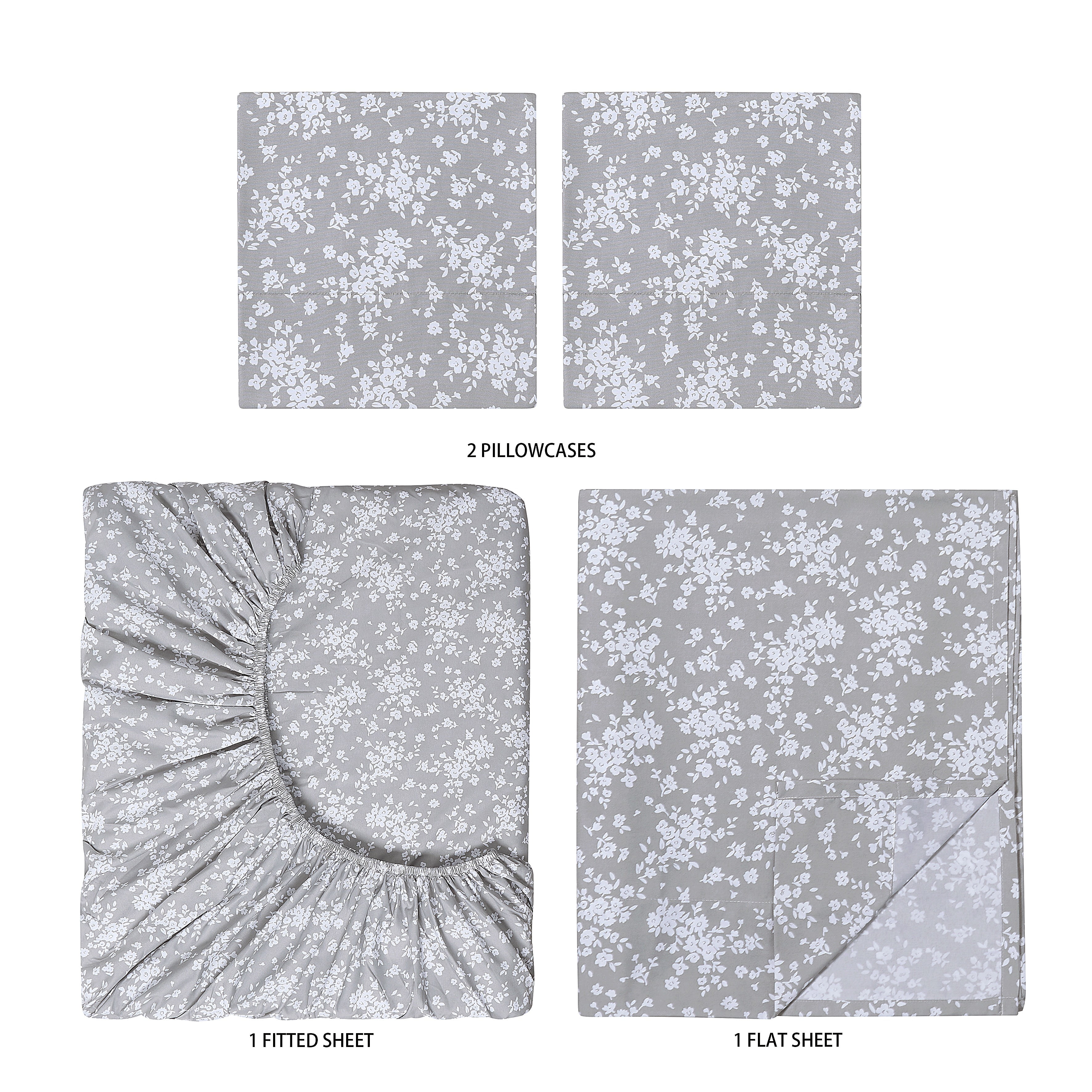 Mainstays Super Soft Brushed Microfiber Bed Sheet Set, King, Gray Floral, 4 Piece