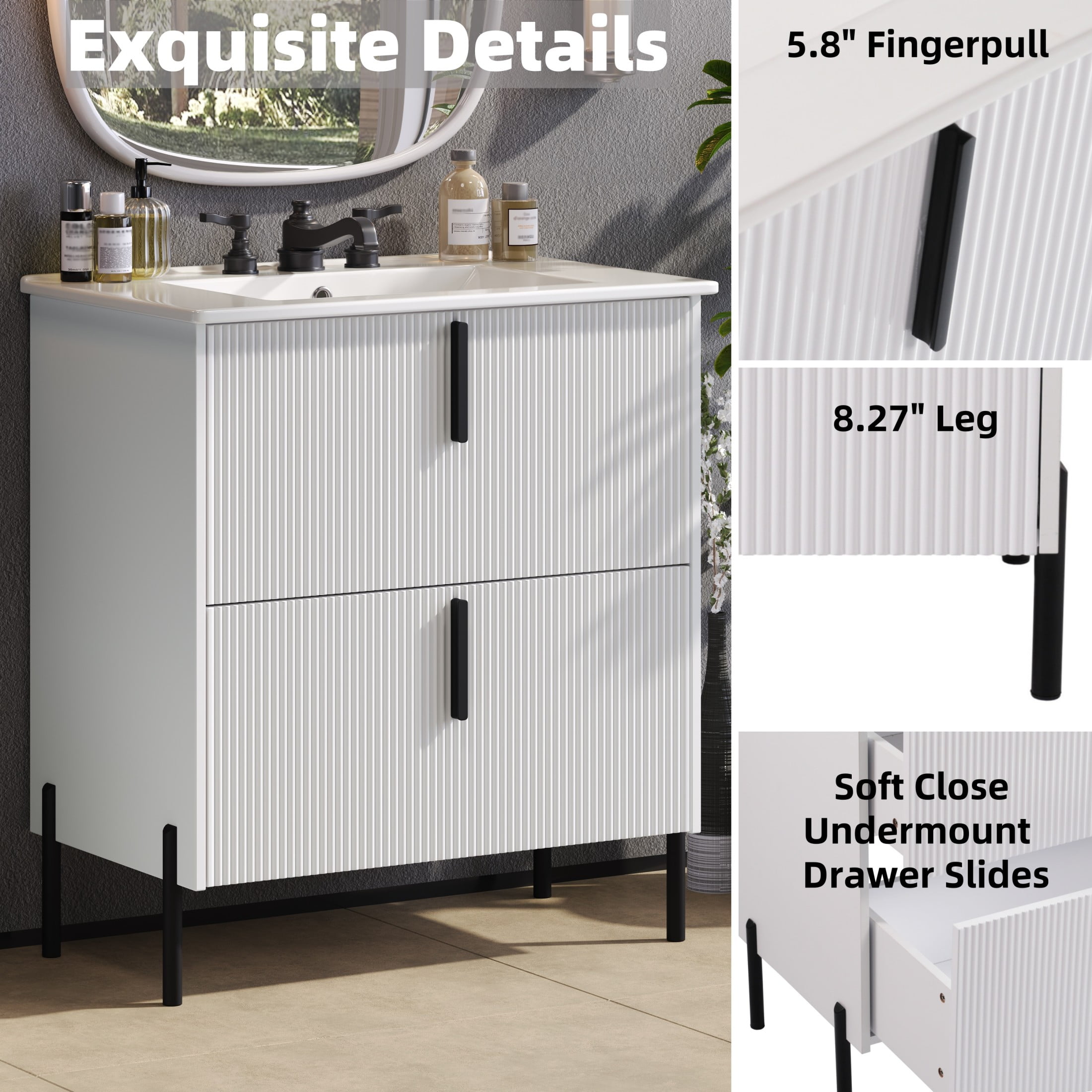 Christopher Knight Home 30" White Bathroom Vanity with Ceramic Sink, Soft Close Drawers, Black Metal Legs