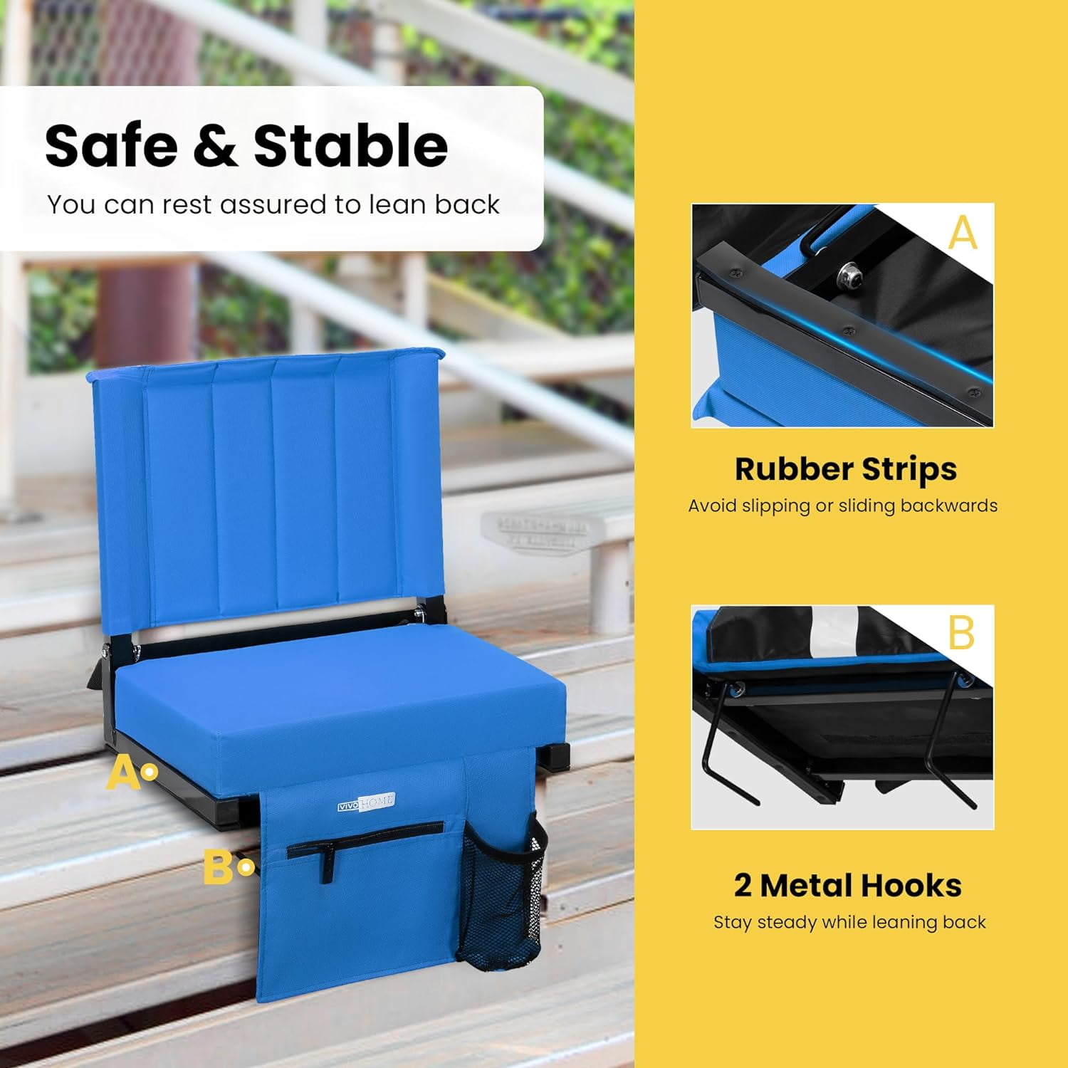 2-Pack Stadium Seats with Back Support and Cushion, Portable Bleacher Chair with Cup Holder and Shoulder Strap, Blue