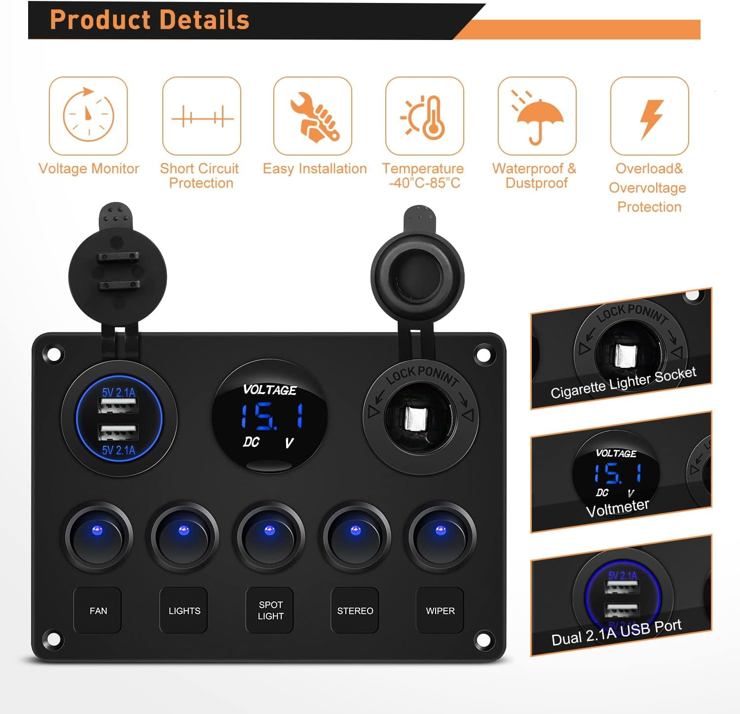 DEXIMRO Multi-Function 5 Gang Rocker Switch Dual USB Charger Digital Volmeter 12V Outlet Pre-Wired Switch Panel Blue with Circuit Breakers for RV Car Boat Truck Trailer