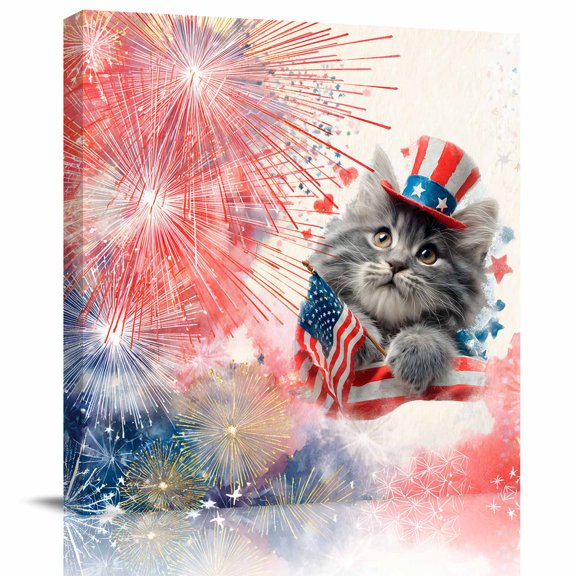 Wall Art Prints, 4th of July Cute Cat Framed Canvas Prints for Bedroom Living Room Bathroom Office, Red Blue Fireworks Watercolor Gallery Wrap Wall Art Poster for Gifts Home Decor 12"x12"