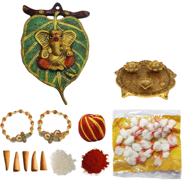 WC_Raksha Bandhan Ensemble de Rakhi Festif - Combinaison de Rakhi pour Frères et Sœurs - Lot de 2 Rudraksha Rakhi/Roli Chawal Panier/ganesha Mural Suspendu/carte de Vœux Spéciale/