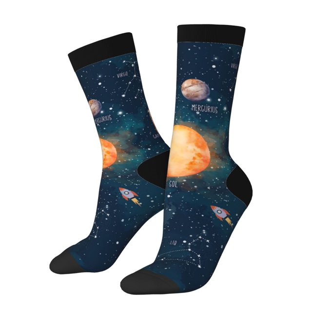 Lsque Solar System And Planets Printed Men's Crew Socks, Soft Durable Breathable Moisture-Wicking with Odor Control Cotton socks