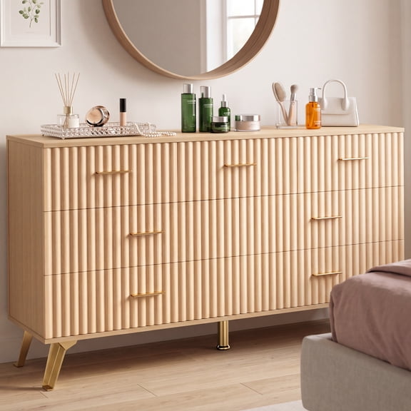 Modern 7-Drawer Dresser with Metal Legs, Wood Grain Storage Chest for Bedroom, Living Room & Entryway, Natural Finish