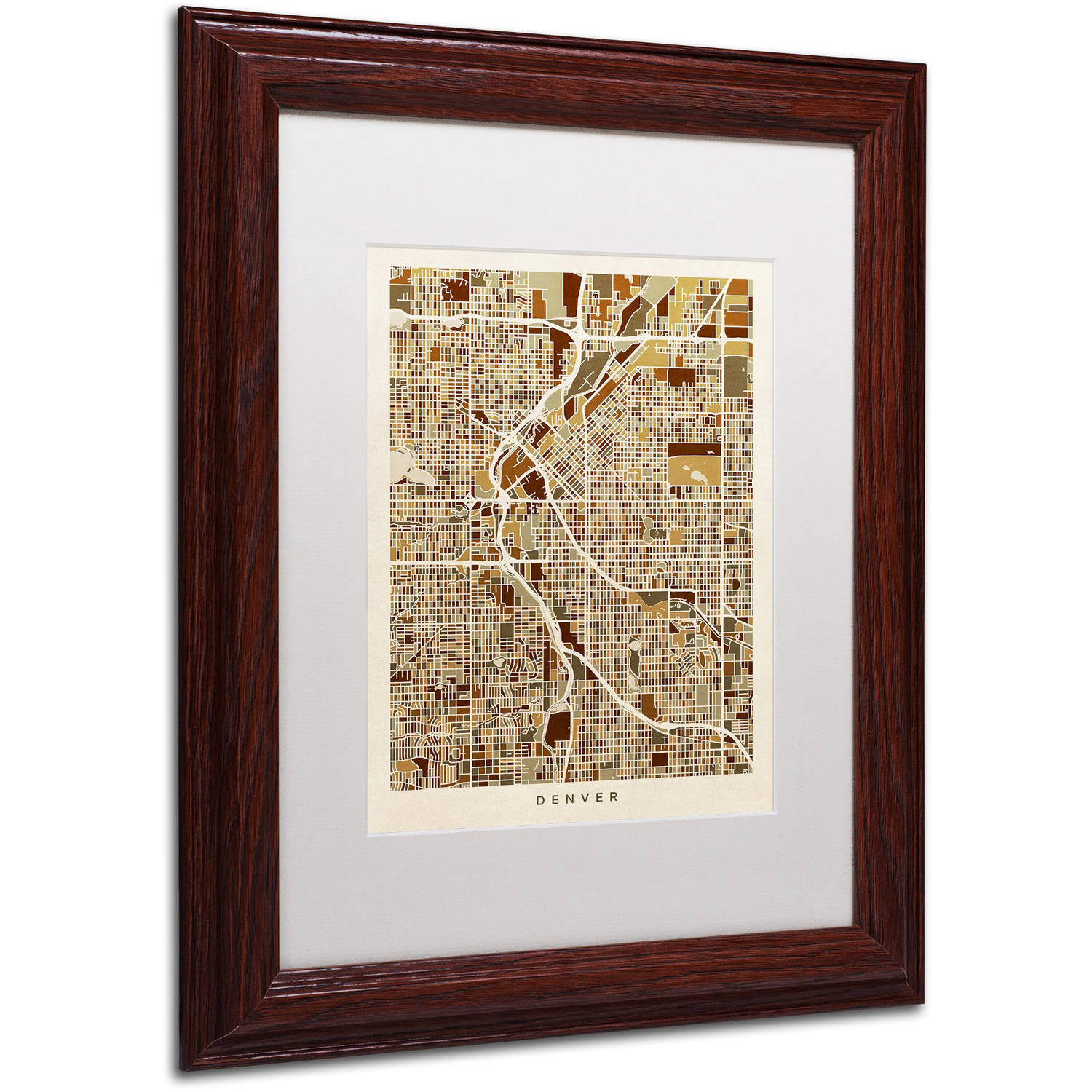 Trademark Fine Art "Denver CO Street Map Brown" Canvas Art by Michael Tompsett, White Matte, Wood Frame
