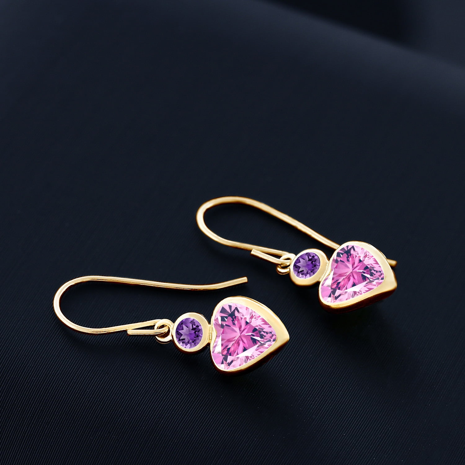 Gem Stone King 14K Yellow Gold Pink Zirconia and Purple Amethyst French Wire Dangle Hook Earrings for Women (1.68 Cttw, Gemstone Birthstone, Heart 6MM, Round 3MM)