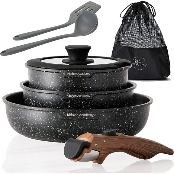 10 PCS Cookware Set Nonstick Granite Coated Pots and Pans Set w/ Detachable Hand