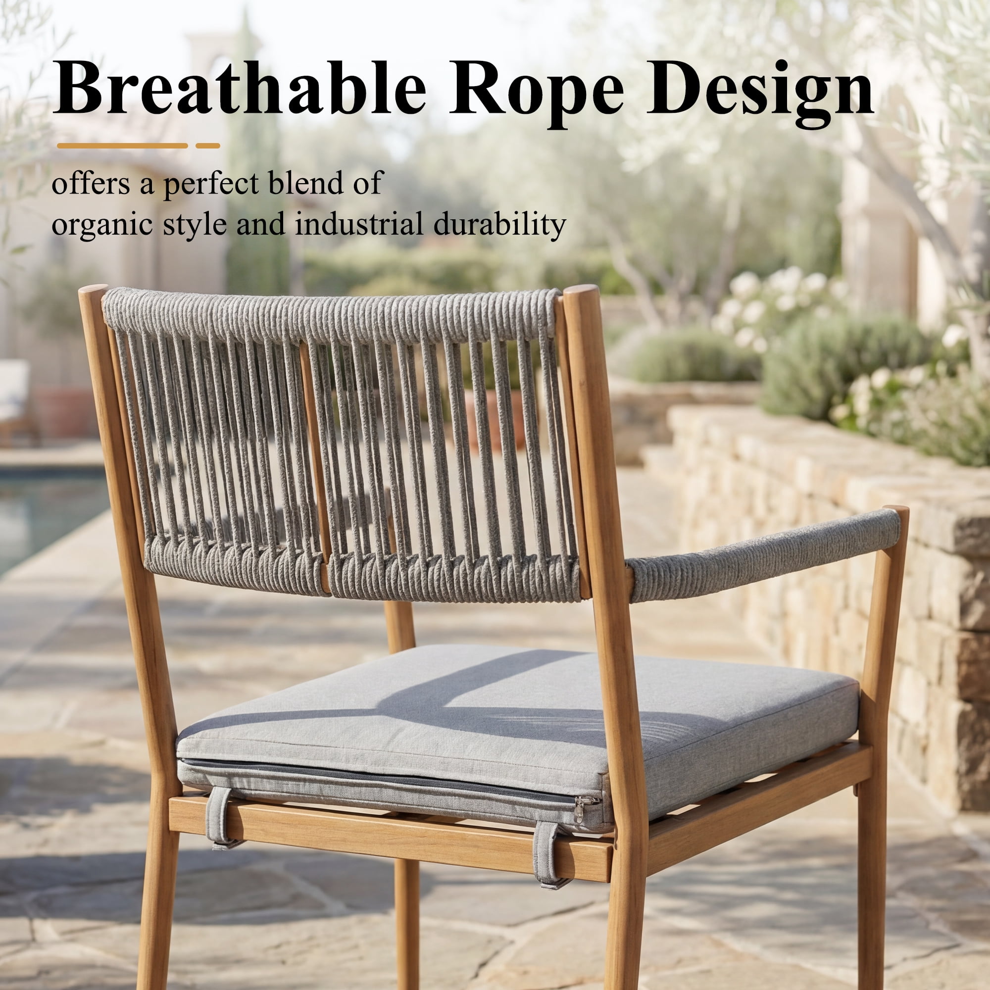 Dayalane Outdoor Dining Chairs Set of 2, Rope Rattan Patio Chairs with Cushions & Armrests, Weather-Resistant Metal Frame for Patio, Balcony/Bistro, Grey