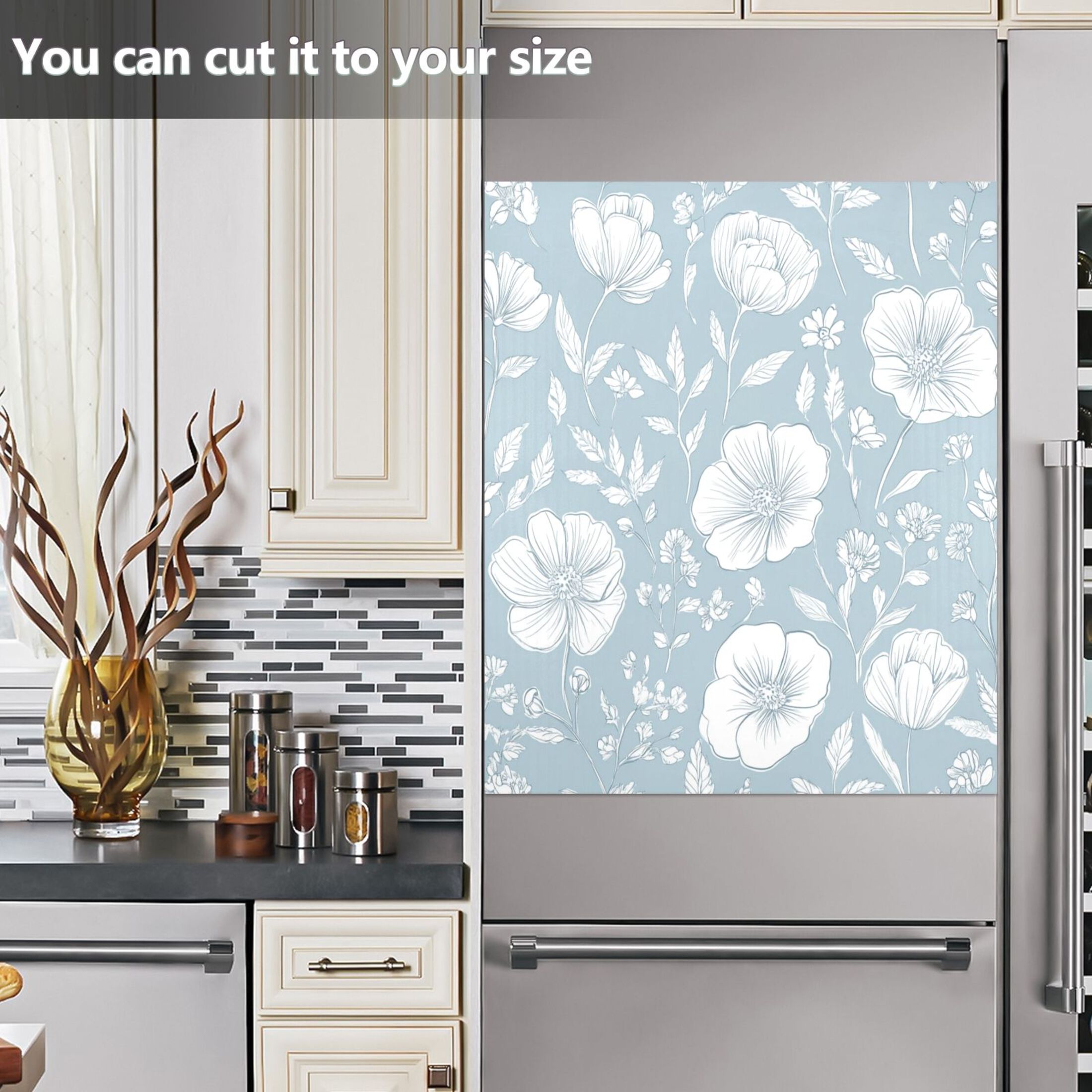 Dishwasher Magnetic Sticker 23x26 Inch Refrigerator Magnetic Sticker Washing Machine Magnetic Sticker Kitchen Panel Magnetic Sticker Home Decor Blue Cartoon White Flowers