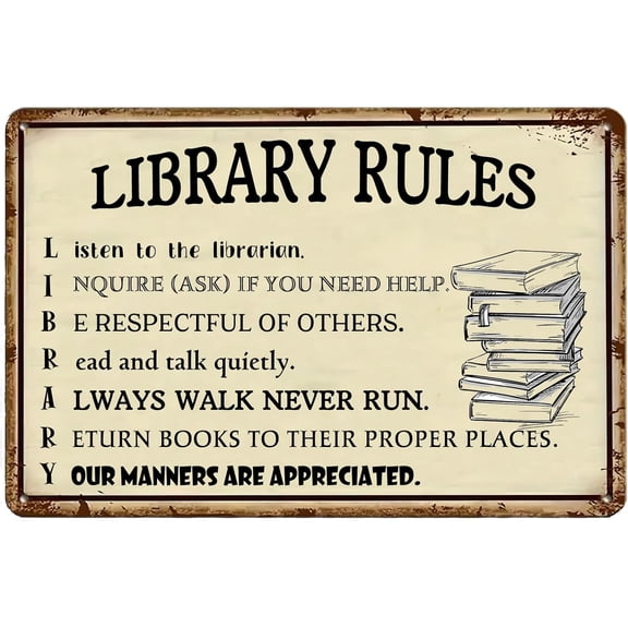 Library Rules Funny Tin Signs Listen To The Librarian Your Manners Are Appreciated Retro Metal Sign for Home Kitchen Office Cafe Farm Yard Man Cave Decor 8x12 Inch