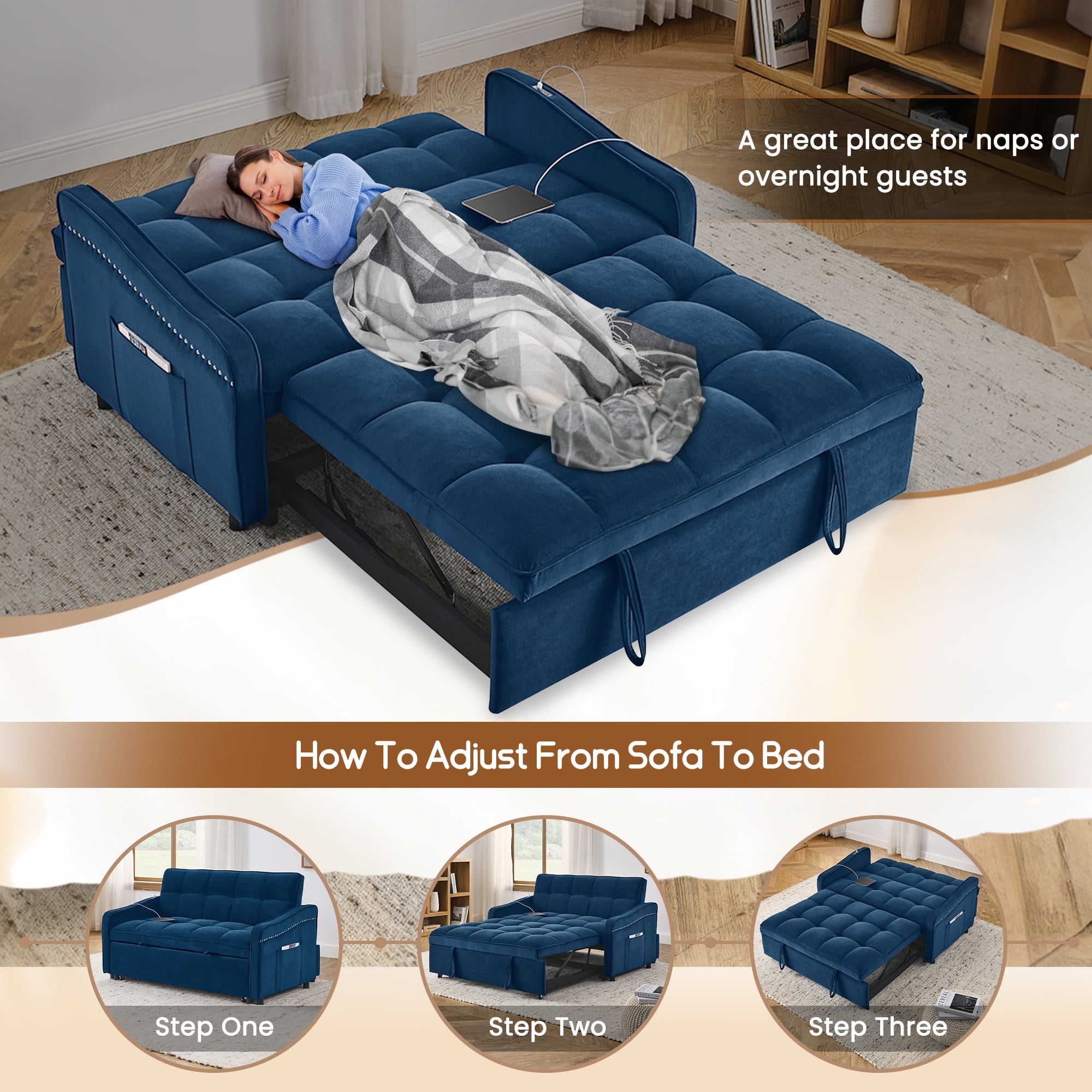 Lunale Pull Out Sofa Bed, Loveseat Sleeper with USB/Type-C, Adjust Back, Convertible Sleeper Sofa for Living Room/Apartment, Blue Velvet