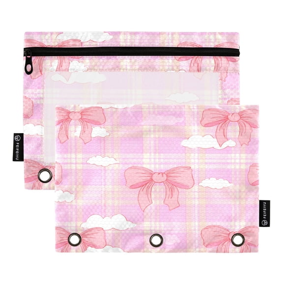 2 Pack 3 Ring Binder Pouch with Clear PVC Window Water Resistant Zipper Pencil Pouch Coquette Pink Bow Cloud Plaid Binder Pocket for Classroom Office Home Stationery Organization