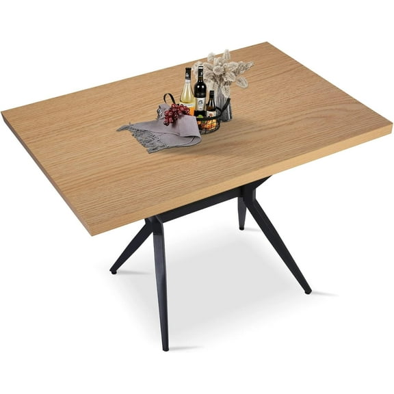 Modern Wood Dining Table with Thick Tabletop and Solid Metal Legs, Kitchen Table for Dining Room, Living Room, Cafe, Bar