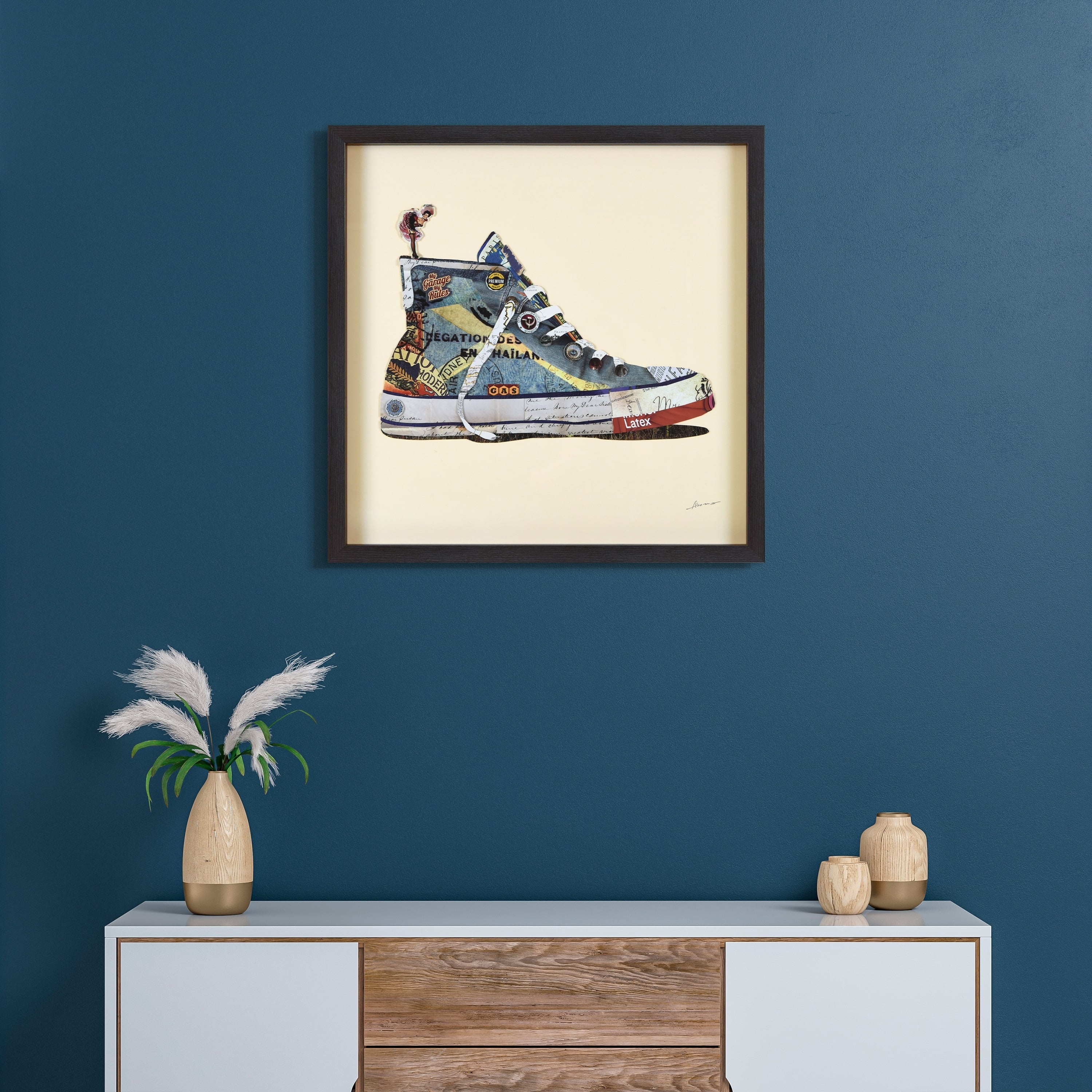 Empire Art Direct High Top Sneaker Dimensional Collage Framed Graphic Art Under Glass Wall Art, 25" x 25" x 1.4", Ready to Hang