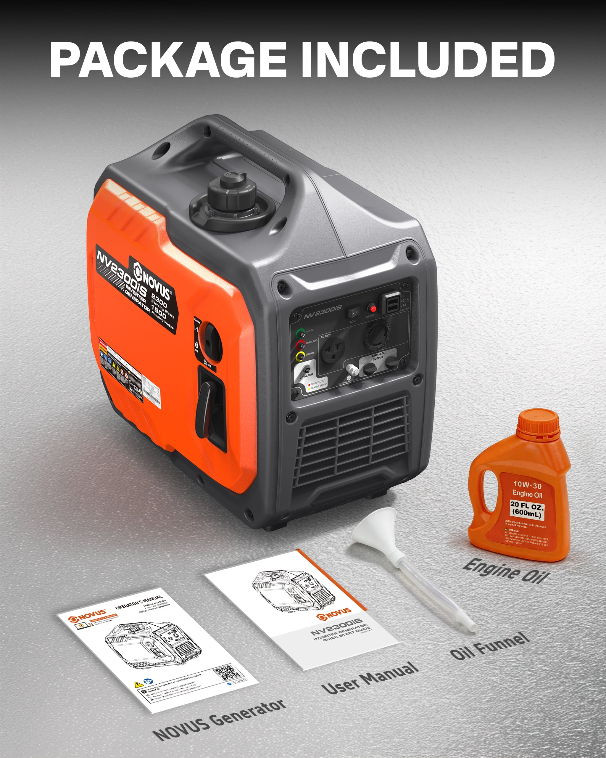 NOVUS 2300-Watt Portable Inverter Generator, Gas Powered, Quiet & Lightweight, RV Ready, CO Sensor, Parallel Capable, for Emergency, Camping