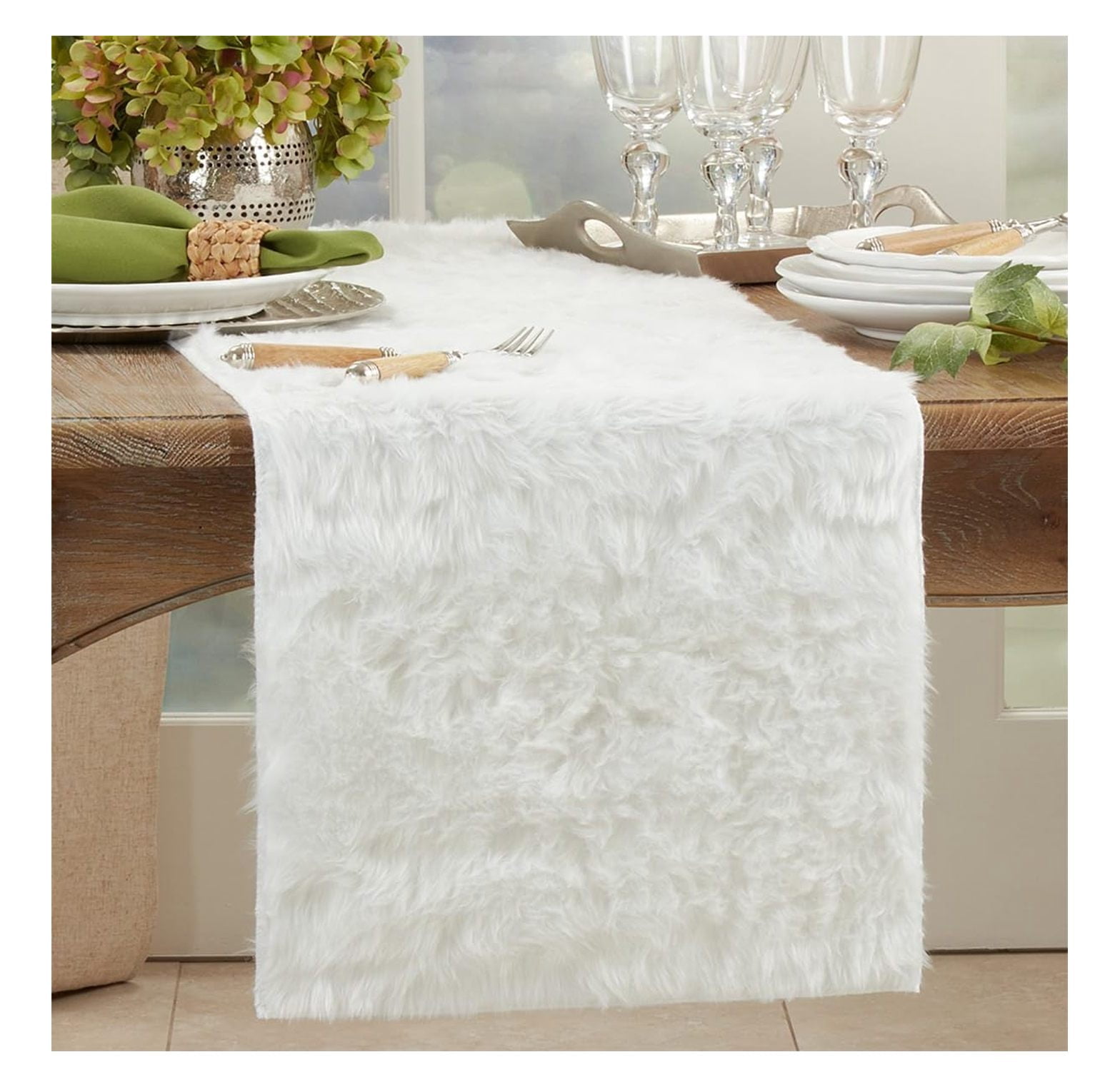 White Faux Fur Table Runner 15x120 inch - Soft Plush Table Cover for Dining Room, Holiday, Banquets - Juneau Collection Solid Color Decor