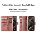 thumbnail image 3 of for iPhone 15 Pro Max Case Wallet, Detachable  Wallet Flip Cases with Card Holder & Kickstand & Wrist Strap Glitter PU Leather Fits iPhone 15 Pro Max 6.7" for Women Men, Rose Gold, 3 of 6
