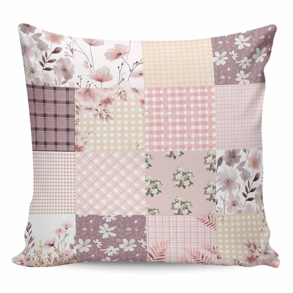 Throw Pillow Covers 18x18 Inch, Boho Spring Floral Decorative Pillow Cases for Couch Sofa Bed, Vintage Flowers Patchwork Plaid Pink Cotton Linen Square Home Decor Pillowcases with Hidden Zipper