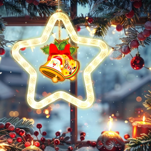 Luz LED de ventana Pentagram Running Horse - Decoración navideña colgante a pilas de 10,9 pulgadas con Papá Noel y muñeco de nieve grabados