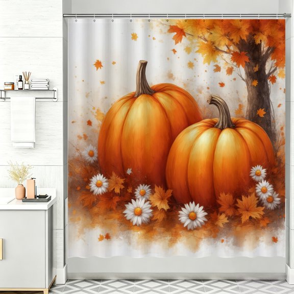 Fall Fabric Shower Curtain Two pumpkins sitting next to each other under a tree 72 x 72 Shower Curtain Cute Fall Decorations