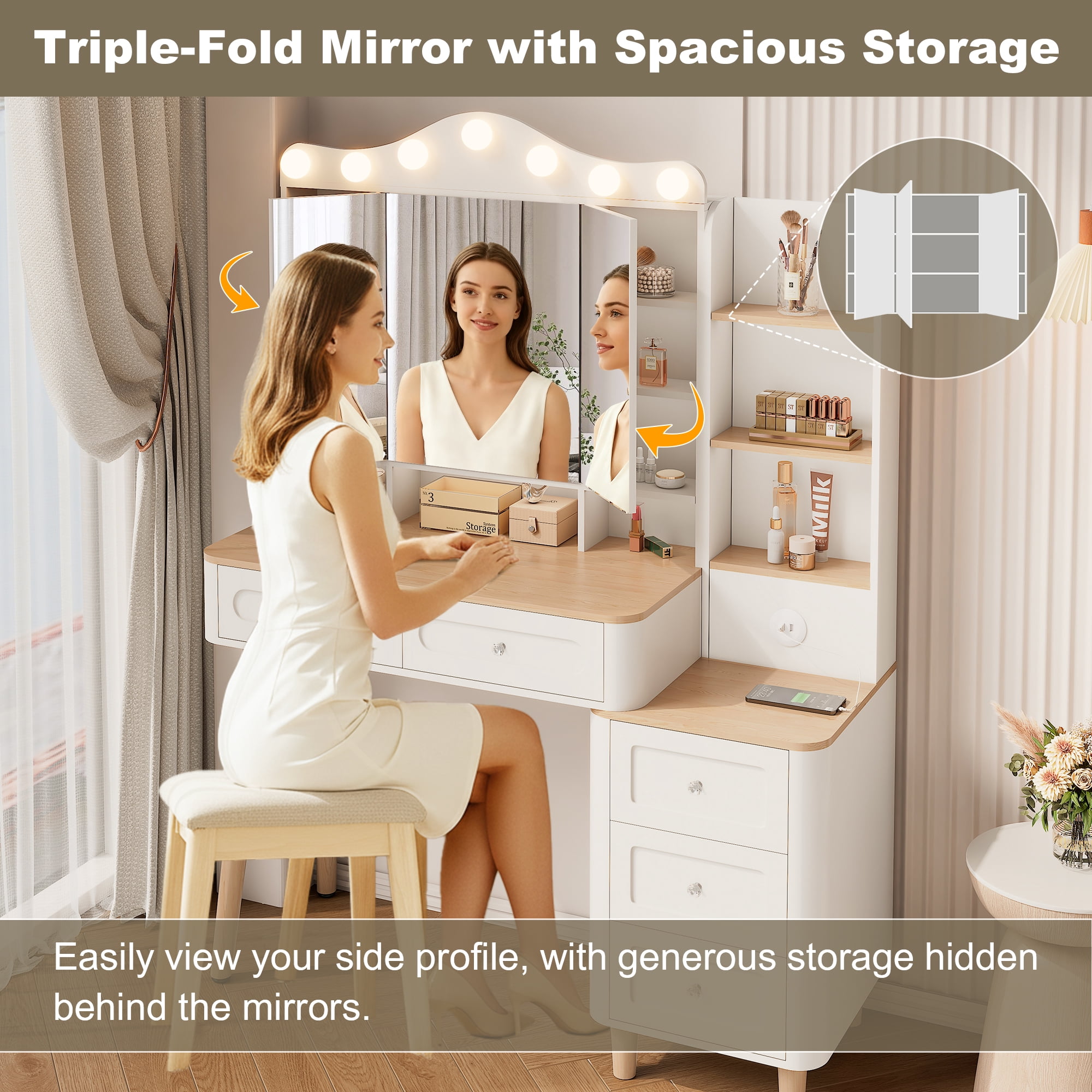 Yoneston Vanity Desk with Large Adjustable Light Mirror and 2 USB Ports, Makeup Table with 5 Drawers and 6 Open Shelves Storage for Bedroom,Dressing Room, White
