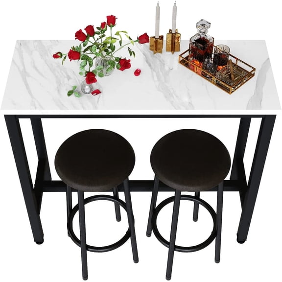 Recaceik Dining Table Set, 39.4” Rectangle Pub Dining Set Kitchen Table Set Bar Table with Stools, 3-Piece Breakfast Table Set with Metal Frame for Kitchen Dining Room w/ 2 Chairs - White*