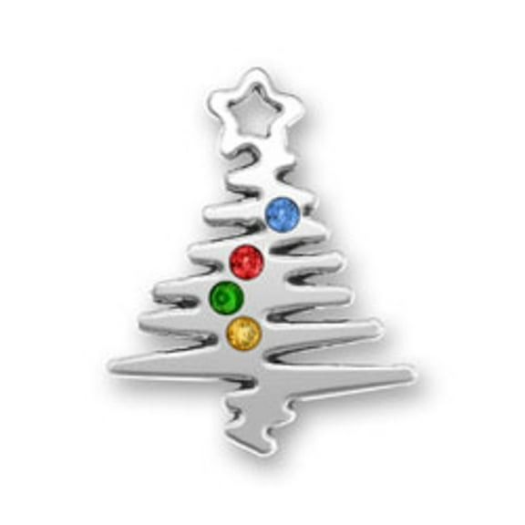 Sterling Silver 16" 1mm Squiggly Christmas Tree With Colorful Crystal Ornaments Pendant Necklace