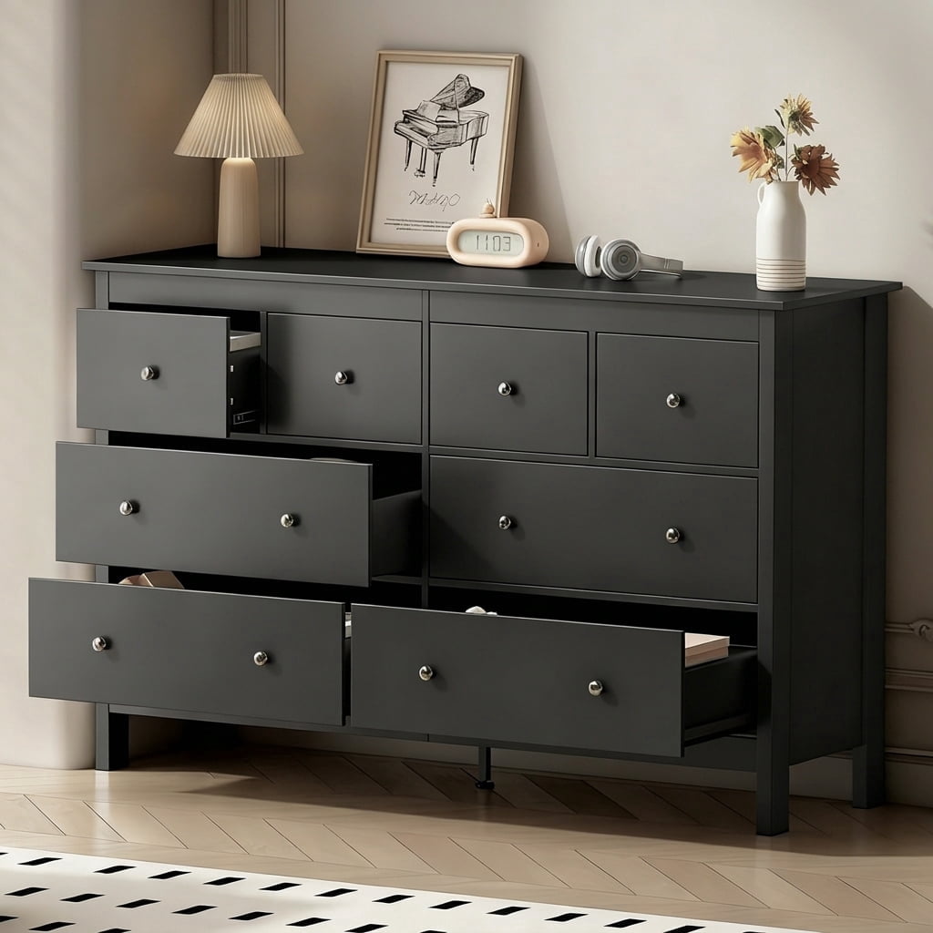 Pipleo Black Dresser, 8 Drawer Dresser, 50" Modern Wooden Dressers Chests of Drawer, 8 Drawers Wide Dresser for Bedroom