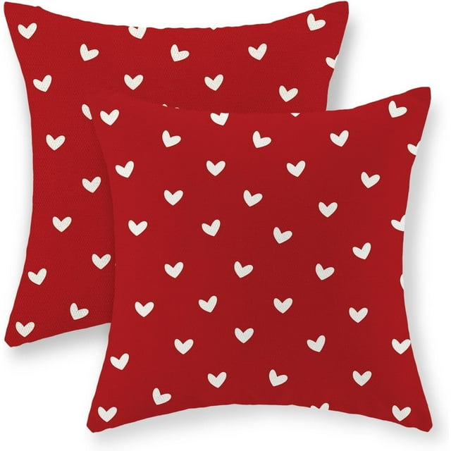 Valentine's Day Pillow Covers 18x18 Inch Set of 2, Red Love Heart Valentines Throw Pillows Valentines Decor Square Red Pillowcase Anniversary Decorative Outdoor Cushion Case for Sofa Couch