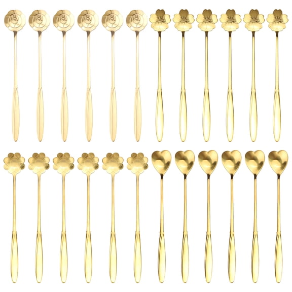 24 Pieces 4 Style Gold Espresso Coffee Spoons Set, Stainless Steel 6.8" Long Demitasse Tea Spoons Stirrer, Flower & Heart Shape Gold Teaspoons for Stirring Mixing Milkshake Dessert Cafe Bar