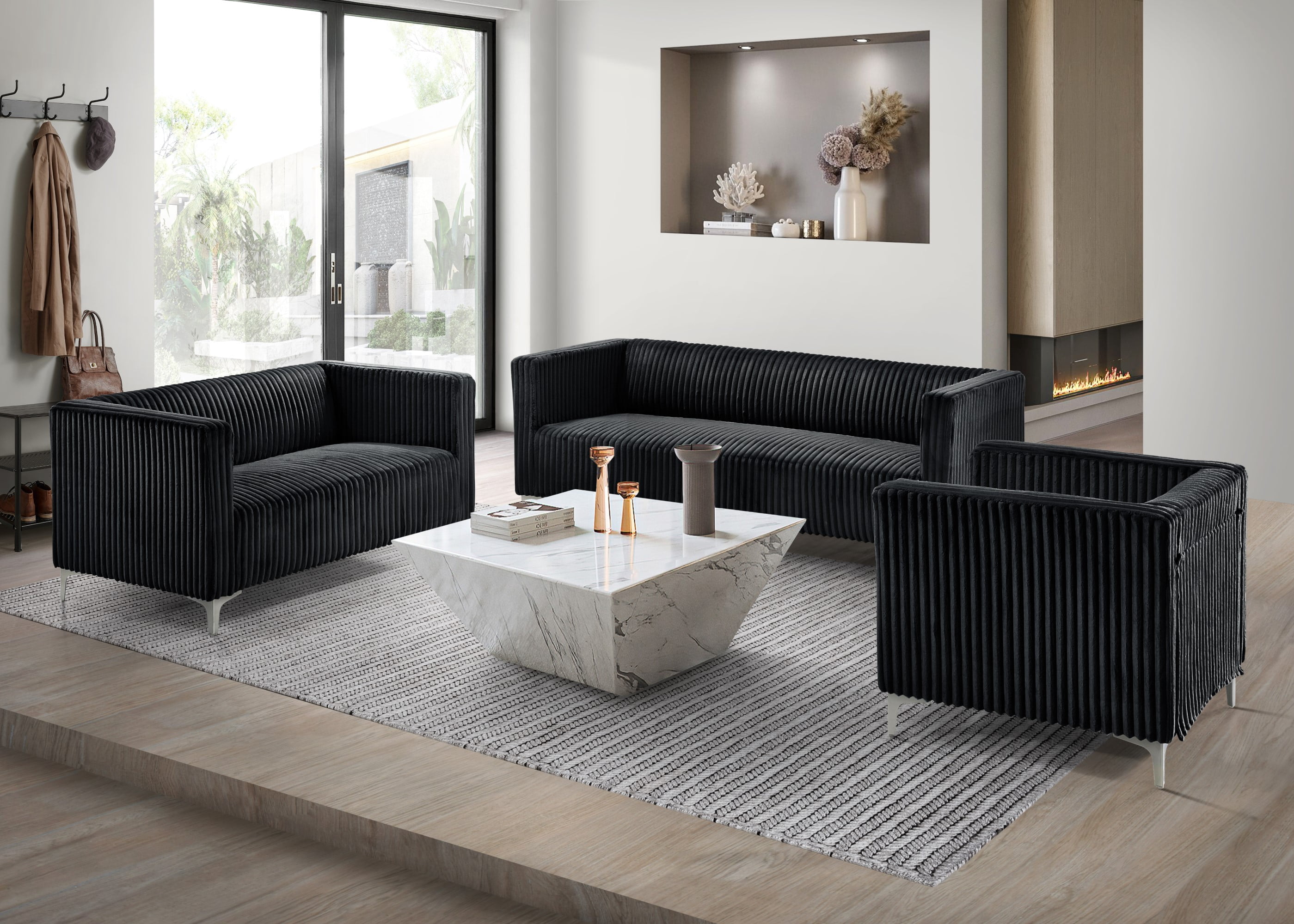 Home Design Gavin Velvet Square Arm Loveseat with Plush Cushions and Modern Upholstery, Durable Frame for Living Room, Contemporary Black Design