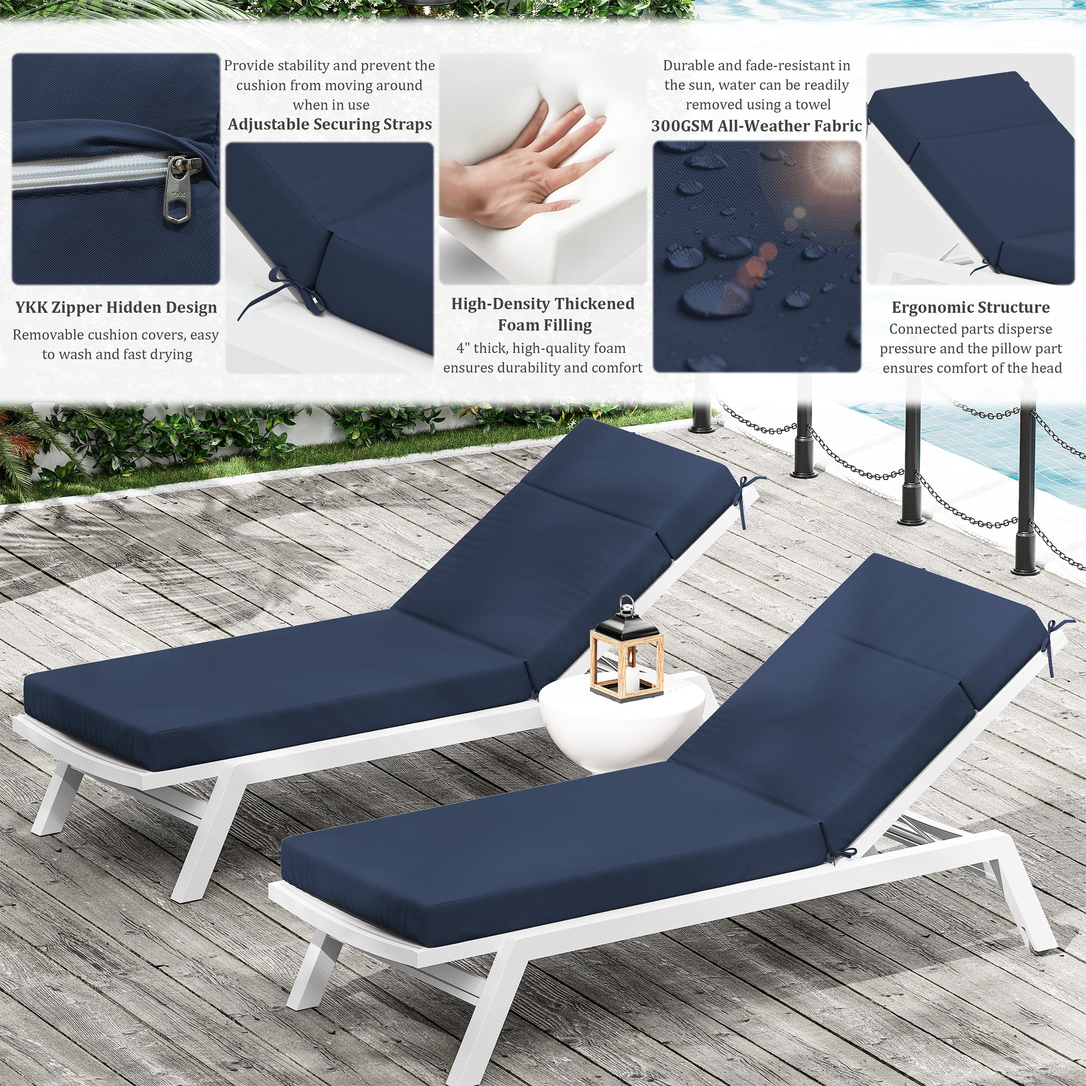 Pakunoda Chaise Lounge Cushions Set of 2, 80" x 26" x 4" Outdoor High-Density Foam Patio Furniture Lounger Replacement Cushions with Zipper Ties Water-Resistant for Pool, Navy Blue