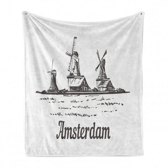 Amsterdam Soft Flannel Fleece Throw Blanket, Sketch of Zaanse Schans Dutch Landscape Windmills Village with Houses, Cozy Plush for Indoor and Outdoor Use, 70" x 90", Dark Grey and White, by Ambesonne