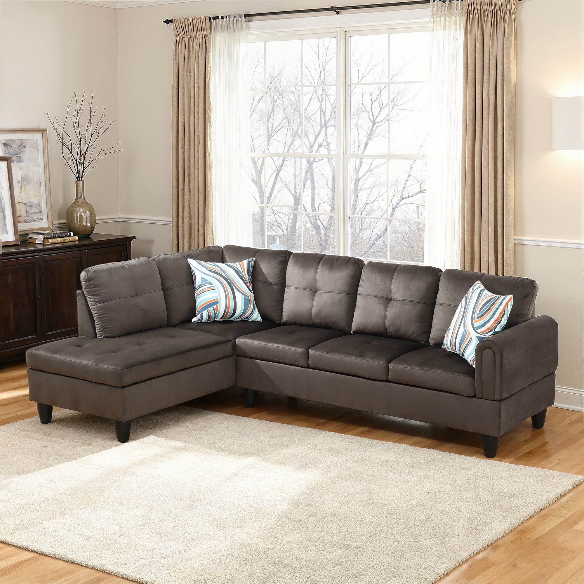 MAYEERTY 97" Flannel Sectional Sofa, 2-Piece Couch Living Room Sofa Set without Ottoman, Dark Brown (Right)