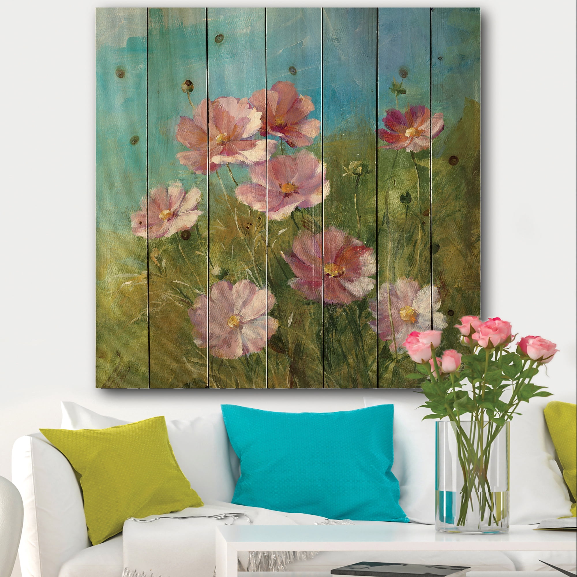 Designart 'Red Wildflowers on A Green Meadow' Traditional Print on Natural Pine Wood