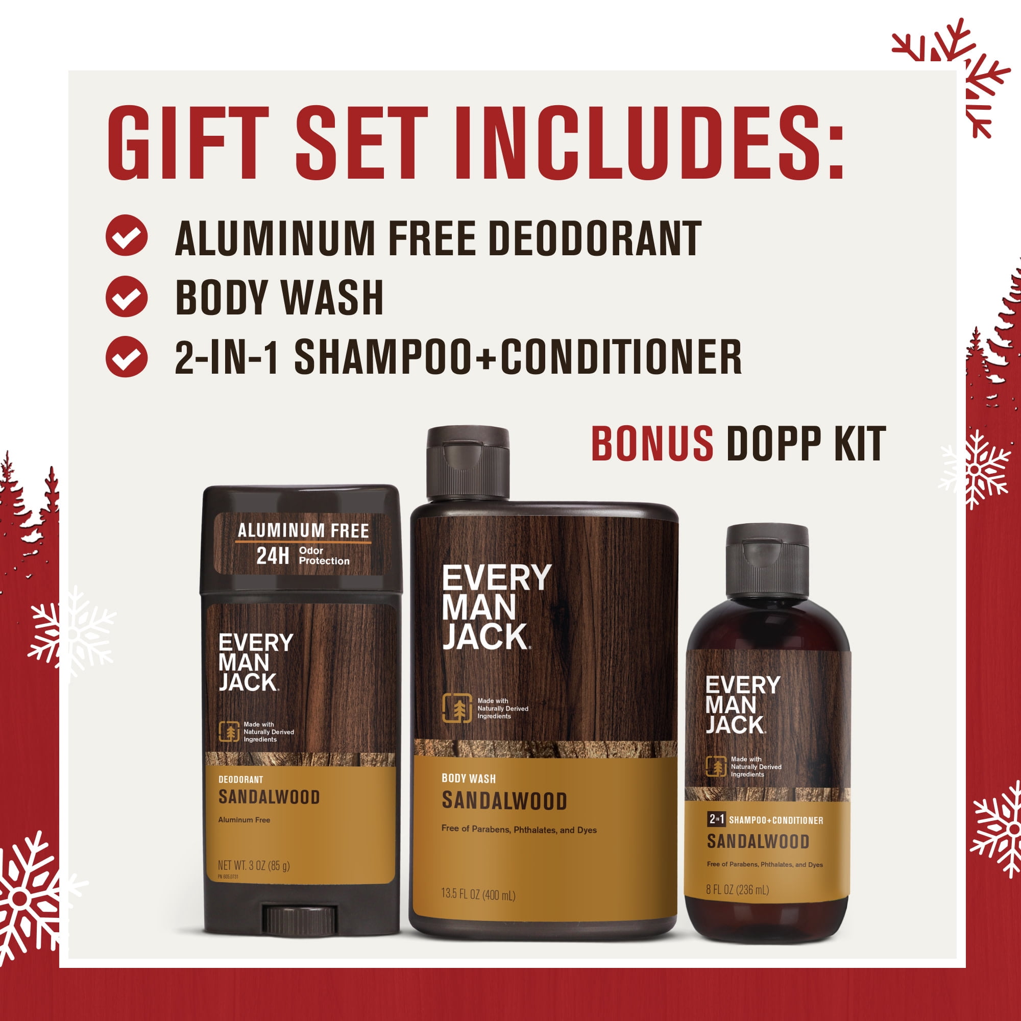 (2 pack) Every Man Jack Men's Bath and Body Christmas Holiday Gift Set for All Skin Types, Sandalwood, 4 Pieces - Body Wash, Shampoo, Deodorant, and Dopp Bag