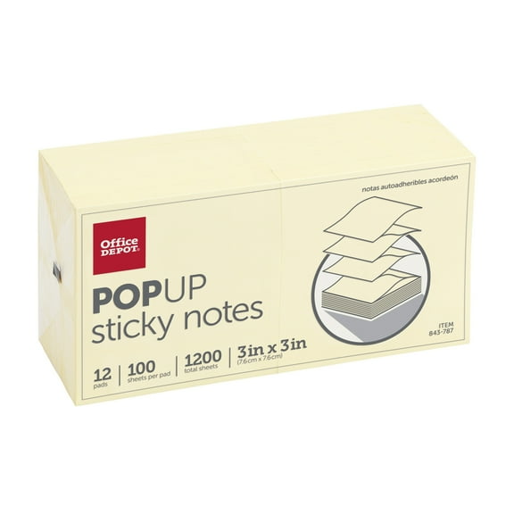 Office Depot® Brand Pop-Up Notes, 3" x 3", Yellow, 100 Sheets Per Pad, Pack Of 12