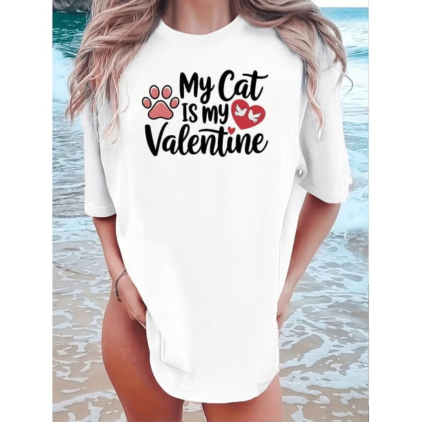 Valentine's Day Cat Lover T-Shirt, Crew Neck, Knit Fabric, Regular Length, Animal Print, Casual Style, Love & Rose Graphic Tee, All-Season Comfort, Gift for Cat Lovers
