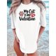 thumbnail image 1 of Valentine's Day Cat Lover T-Shirt, Crew Neck, Knit Fabric, Regular Length, Animal Print, Casual Style, Love & Rose Graphic Tee, All-Season Comfort, Gift for Cat Lovers, 1 of 6