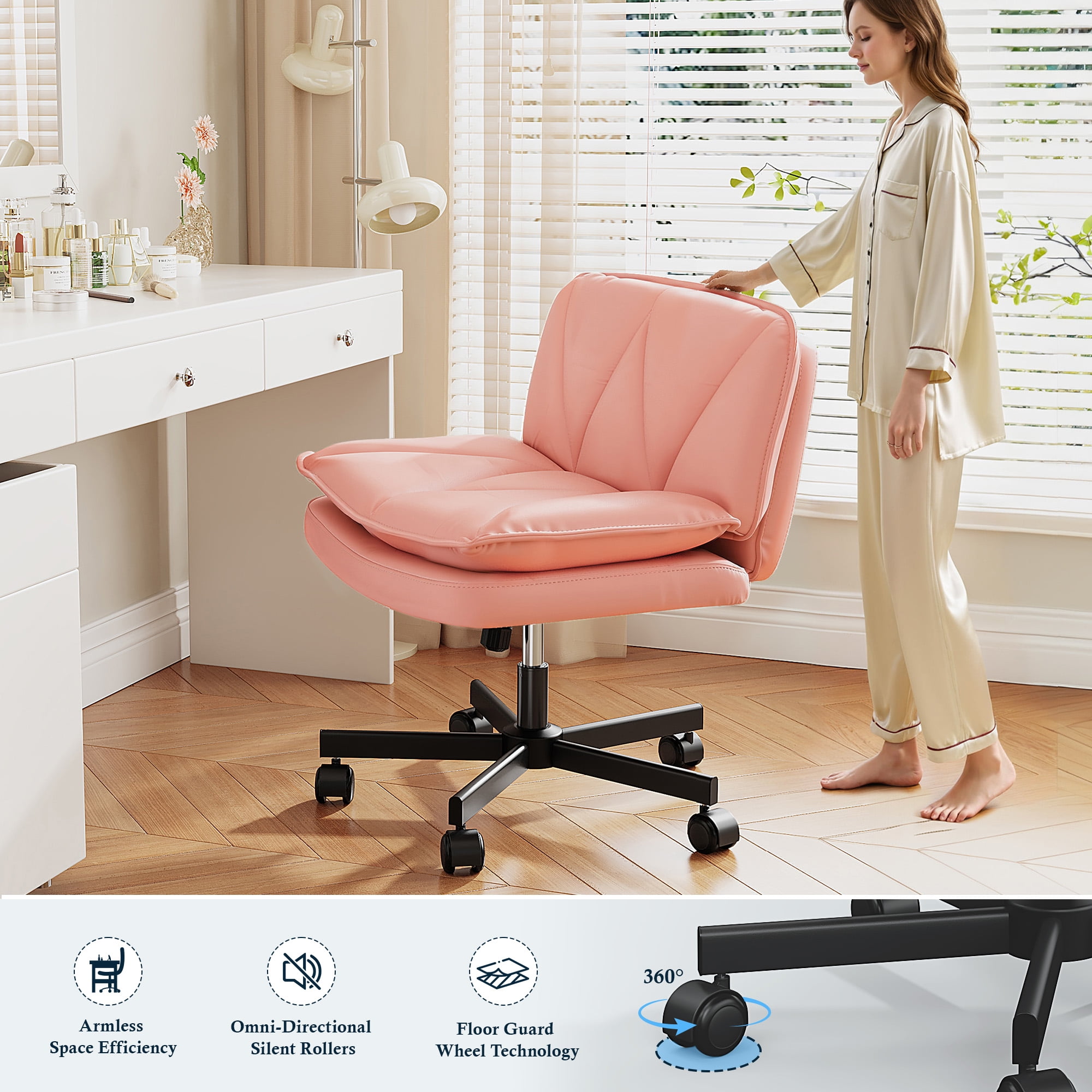 Romorgniz 27" W Chair Criss Cross Legged Office Chair Armless Adjustable Desk Chair with Wheels, Wide Seat, and 2-Layer Cushion, Pink