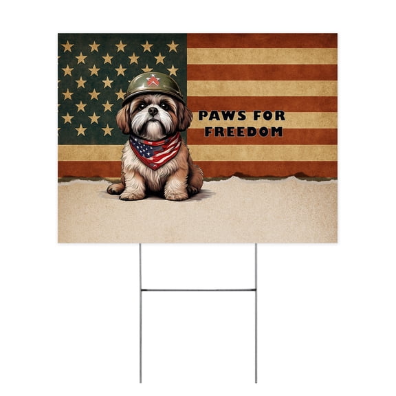 Freedom Paws Patriotic Shih Tzu Vintage Memorial Day Yard Sign Lion Dog Lover Gifts Outdoor Home Lawn Garden Porch Decor - 12006