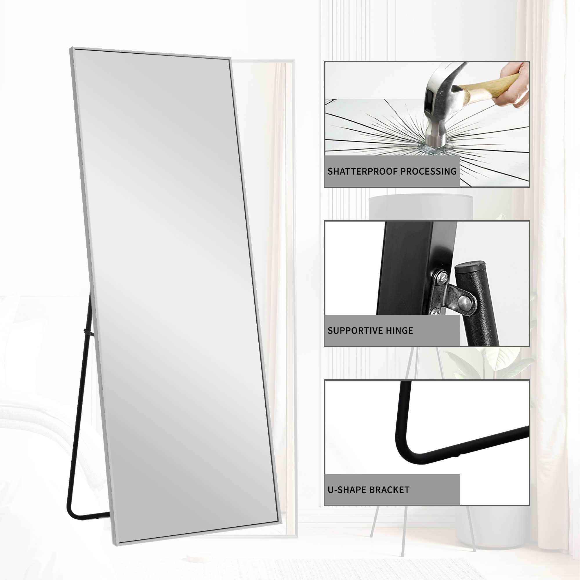 MAYEERTY 64x21x1 Inch Silver Thin Edge Aluminum Right Angle Rectangular Full Length Mirror with Stand for Bedroom