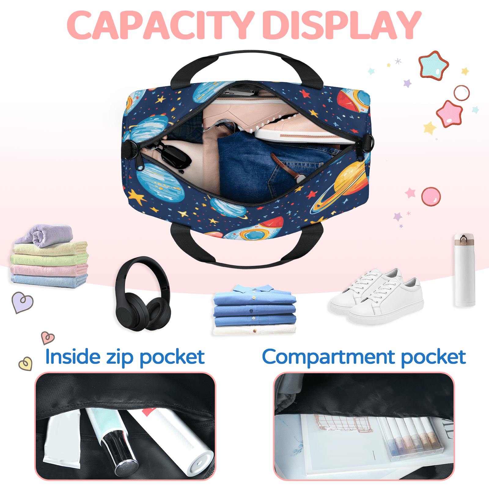 Herdesigns Universe Planet Rocket Gym Bag for Women, Duffle Bag for Travel Sport, Outer Space Lightweight Waterproof Carry on Weekender Dance Yoga Workout Bags