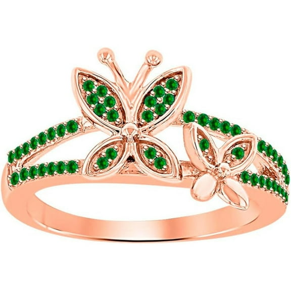 925 Sterling Silver 14K Rose Gold Plating Round Cut Gemstone Green Emerald Butterfly Engagement Ring For Women