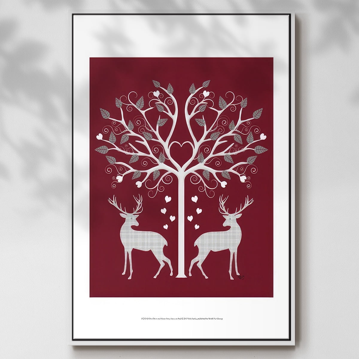 Christmas Des - Deer and Heart Tree, Grey on Red - Framed Gallery Wrapped Holiday Canvas - 25 x 37 - White Frame