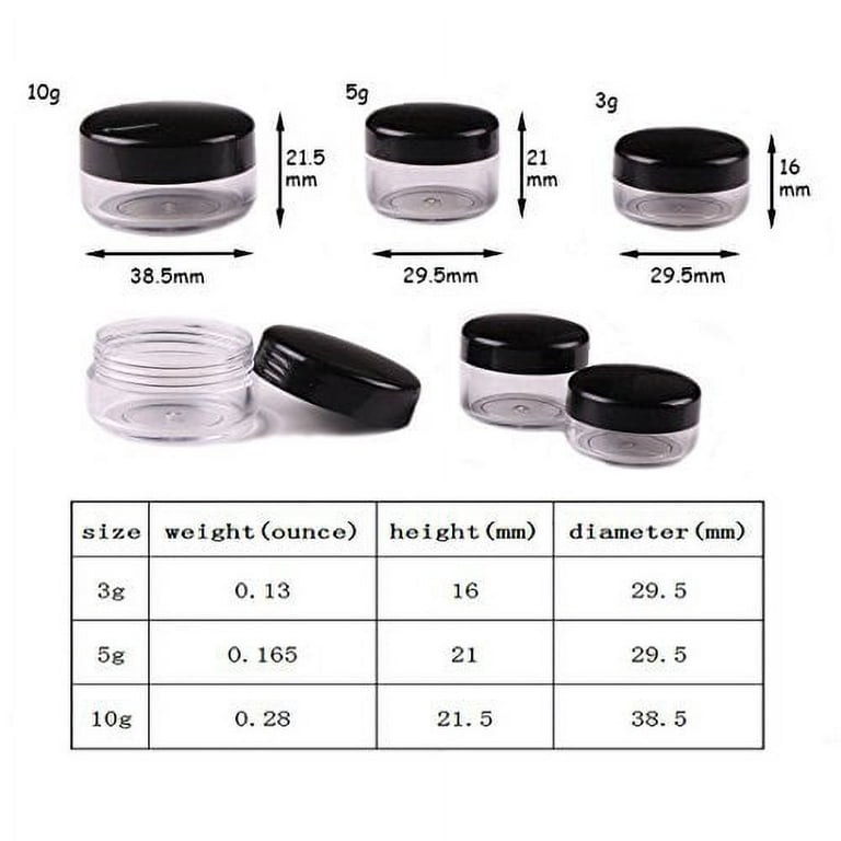 Houseables 3 Gram Jar, 3 ML, Black, 50 Pk, BPA Free, Cosmetic Sample Empty  Container, Plastic, Round Pot, Screw Cap Lid, Small Tiny 3g Bottle, for  Make Up, Eye Shadow, Nails, Powder, Paint, Jewelry